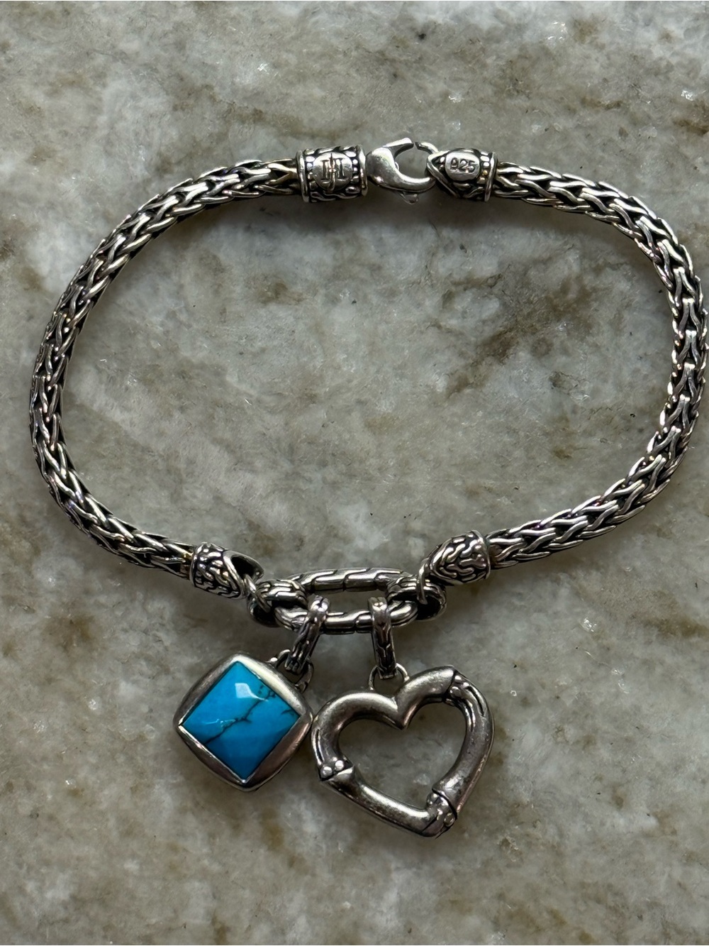 John Hardy Silver Bracelet with Turquoise Square and Heart Charms